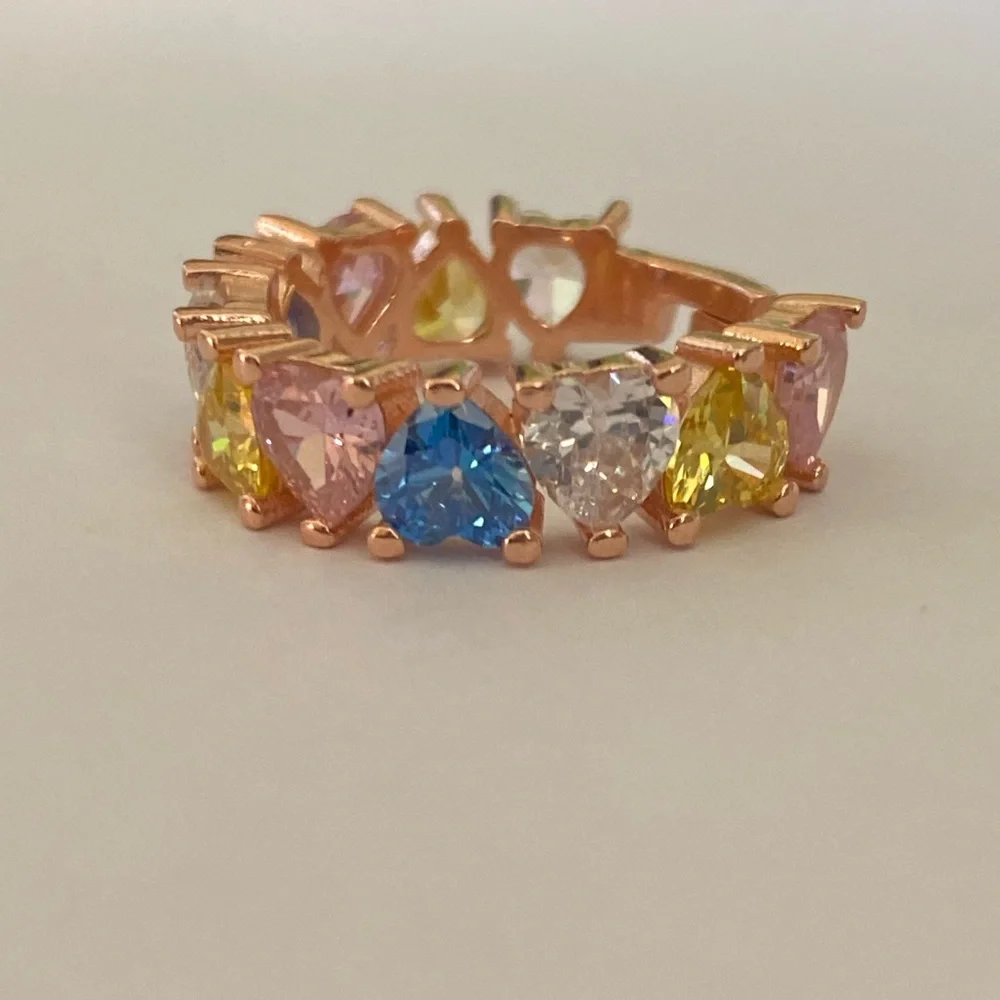 925 Silver heart band ring adjustable size 6 cz stones 14k rose gold plated